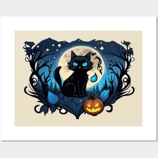 cute black cat sticker blue eyes a cute witch a full Posters and Art